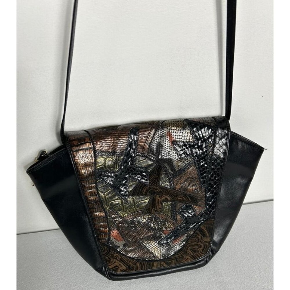 Vintage Sharif Leather Faux Reptile / Vinyl Patchwork Shoulder Bag in Black - Picture 5 of 8